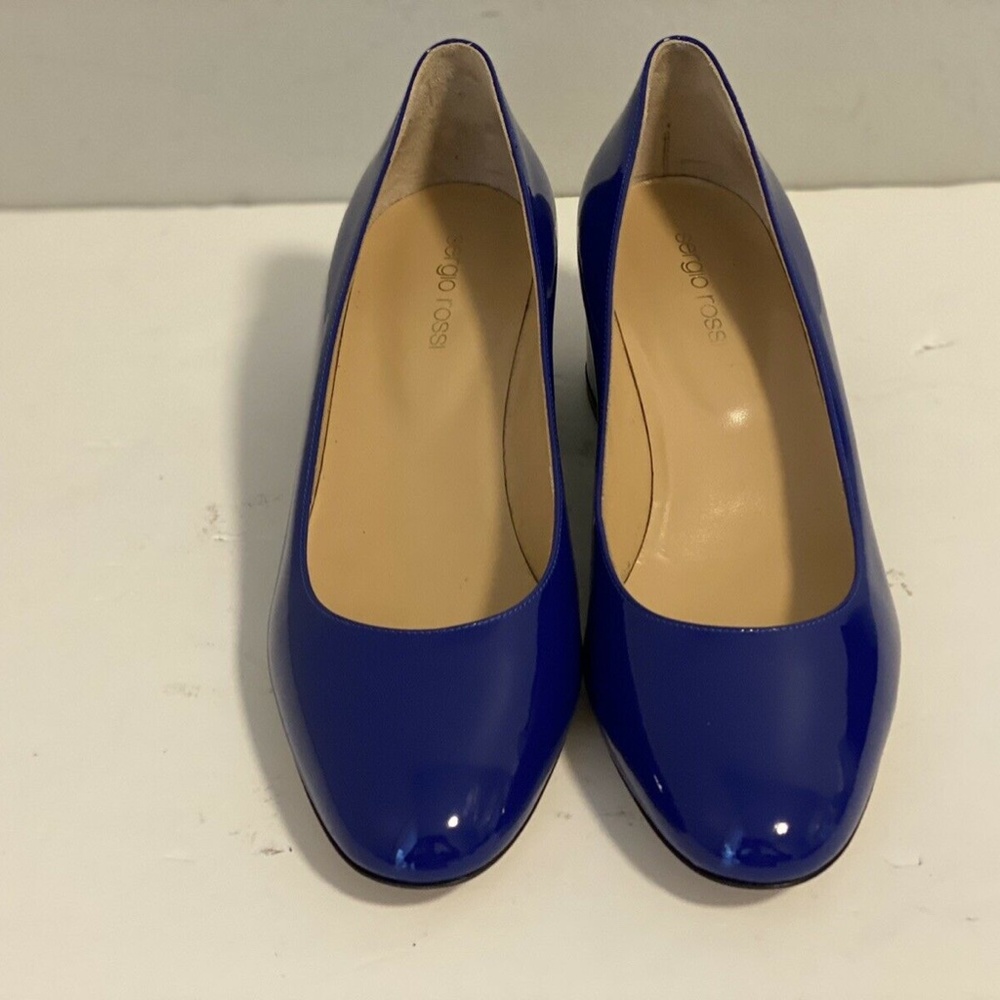 SERGIO ROSSI BLUE PATENT LEATHER BLOCK HEEL PUMPS